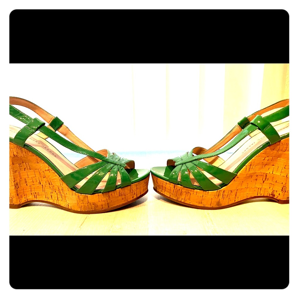 Marc Jacobs Vernice Verde Cork, sling back, wedges